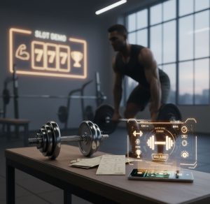 A guy inside a room lifting a dumbbell, while a small dumbbell is displayed on top of the table. 