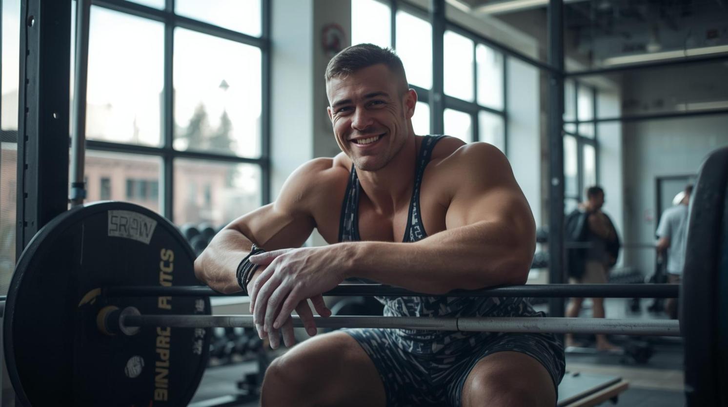 Confident weightlifter resting in sunlit gym, representing strength, focus, and modern athletic influence.