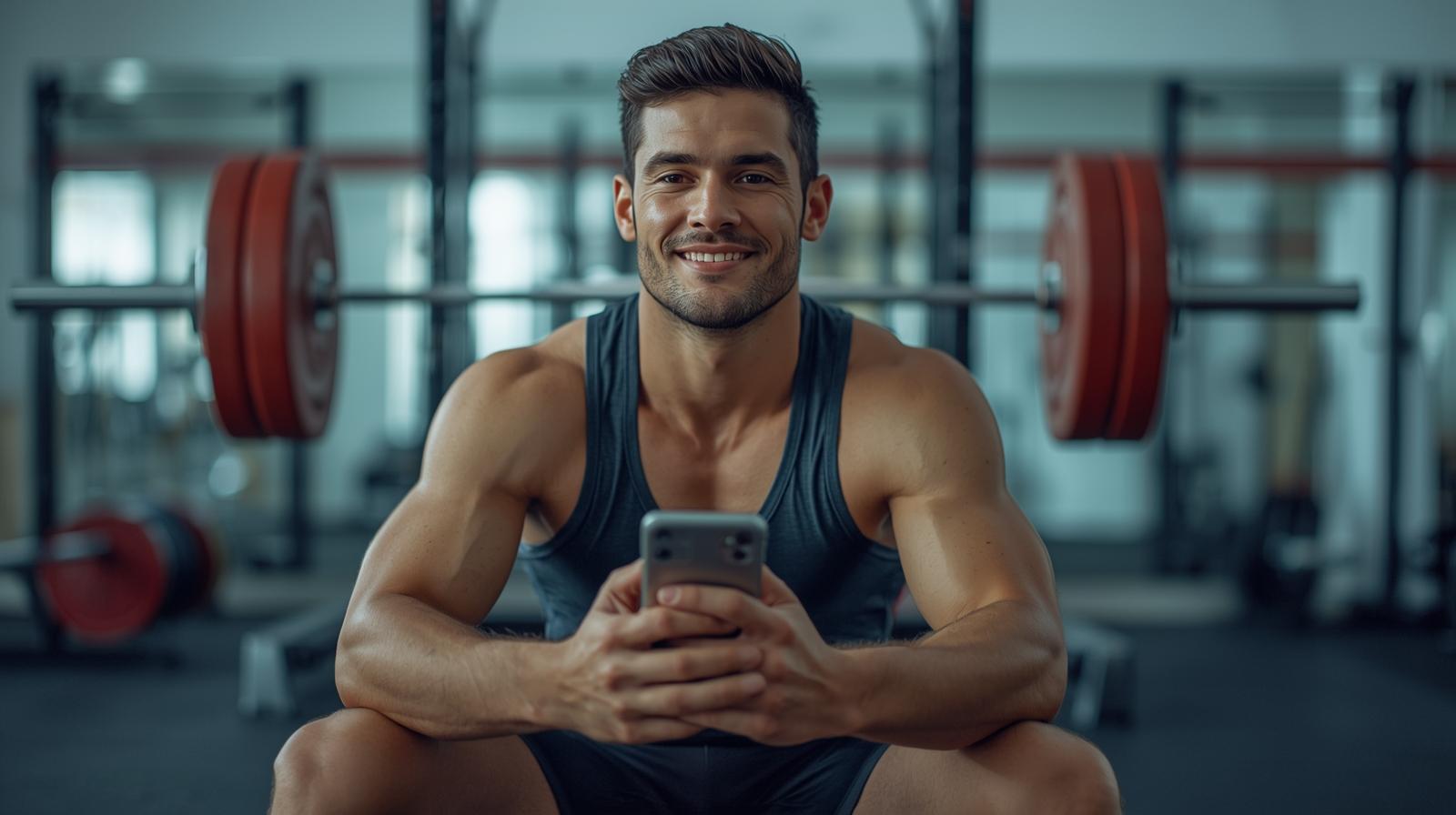 Focused weightlifter resting in bright gym while checking phone between training sets.