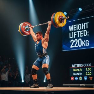 A professional weightlifter performing a clean and jerk on a competition stage