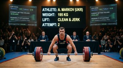 An Olympic weightlifting stage with athletes preparing to lift with judges observing